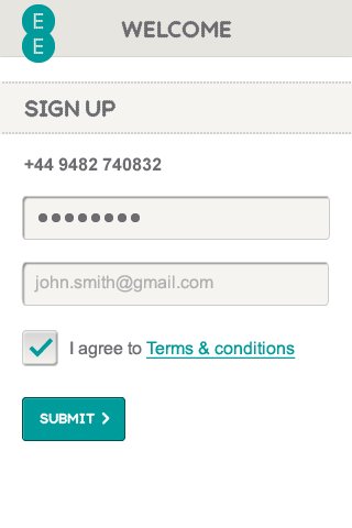 EE Android app sign up screen