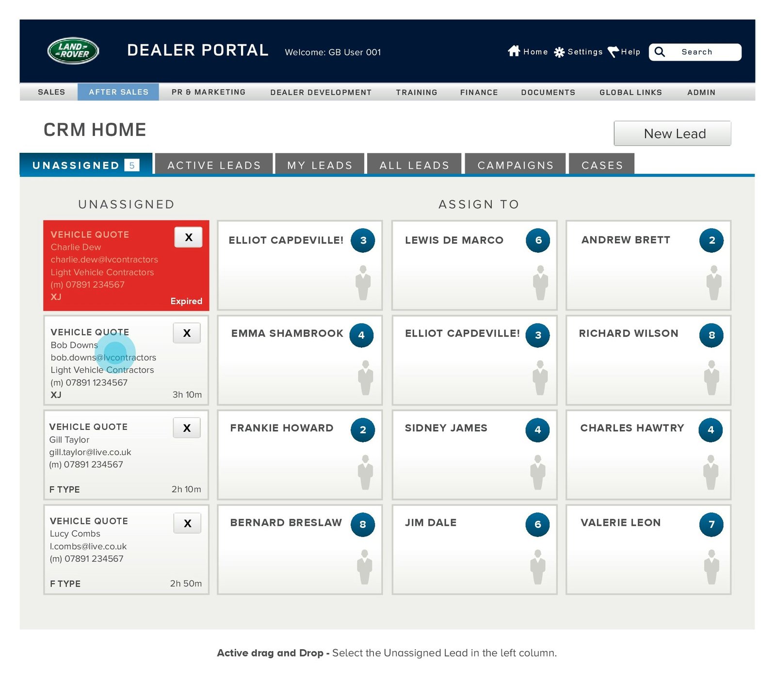 Land Rover Dealer CRM dashboard screen 1